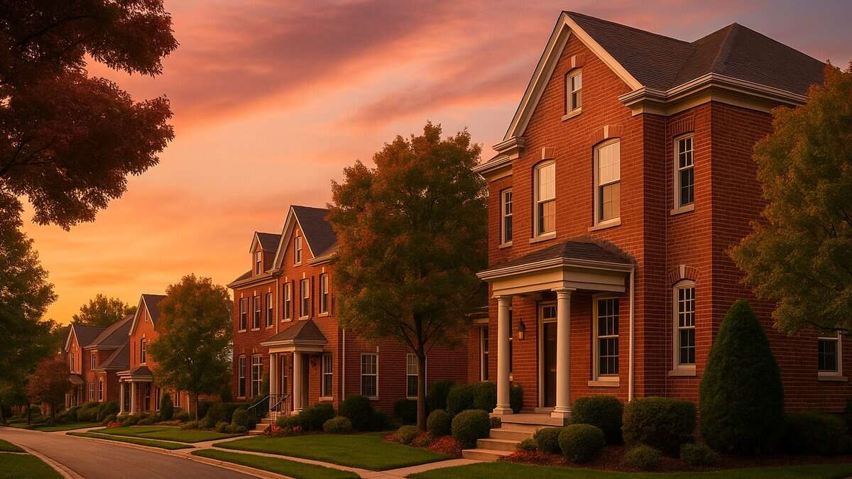 Luxurious red brick residential homes in a picturesque suburban neighborhood during sunset, showcasing well-manicured lawns, mature trees, and classic architectural details.