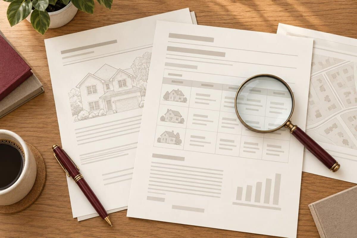 Editorial illustration of appraisal-style papers, a pen and a magnifying glass on an oak desk.