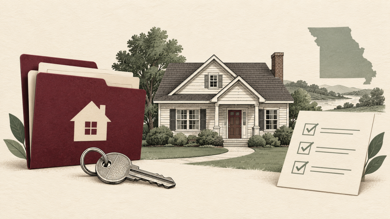 Editorial illustration of a homeowner reviewing mortgage insurance and home value