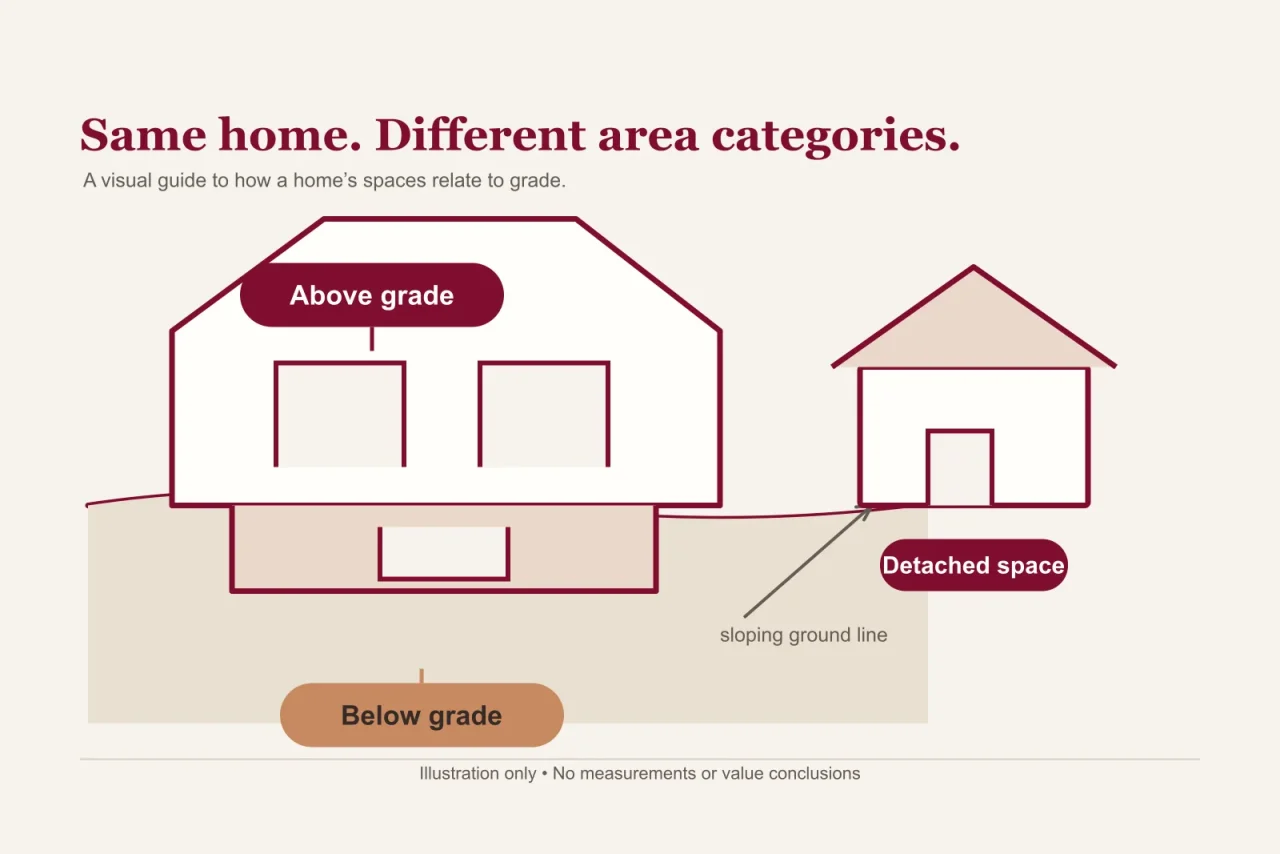 Original schematic of a fictional home showing above-grade space, below-grade space and a detached building. No measurements or value conclusions.
